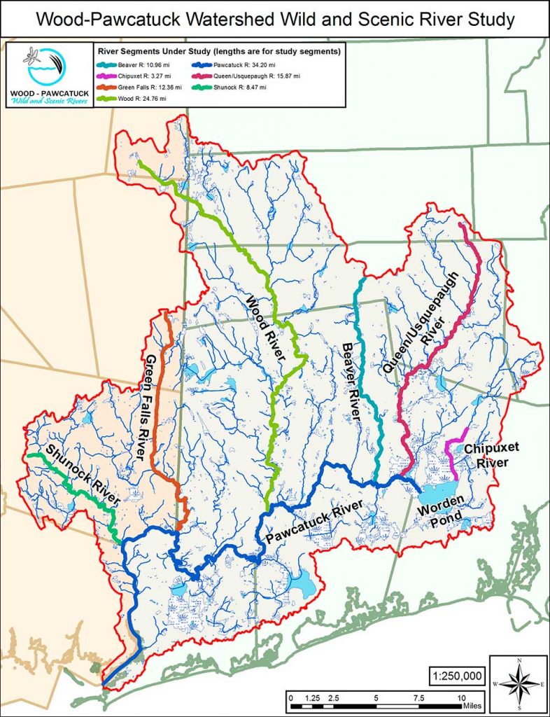 Map of the Wood-Pawcatuck Watershed showing the Wood and Pawcatuck Rivers, as well as the smaller tributary rivers